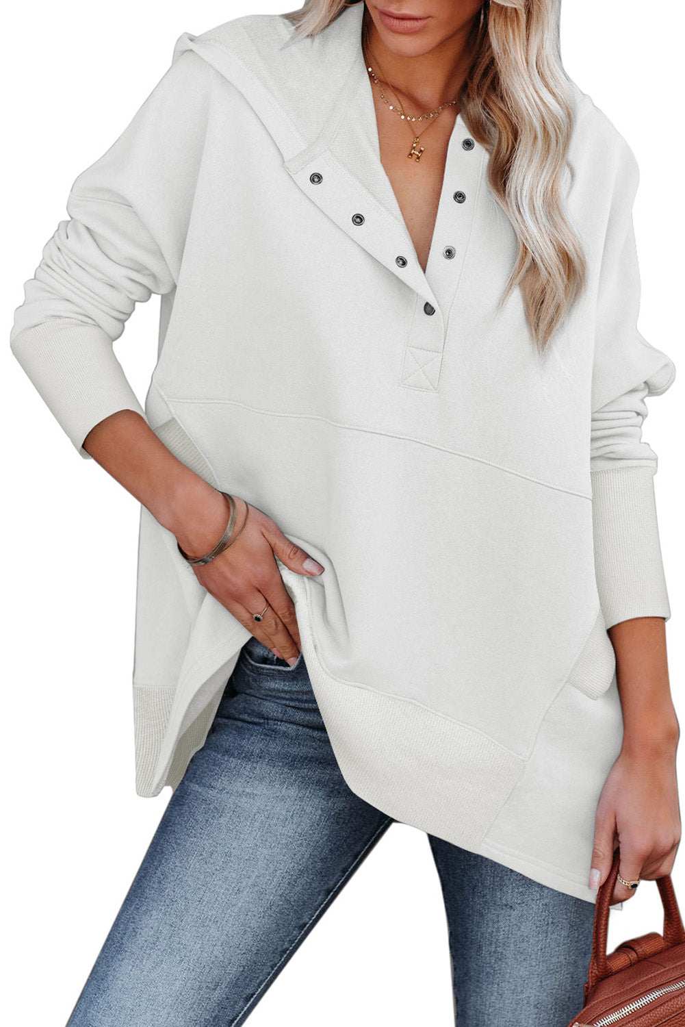 Light Blue Casual Batwing Sleeve Pocket Henley Hoodie 