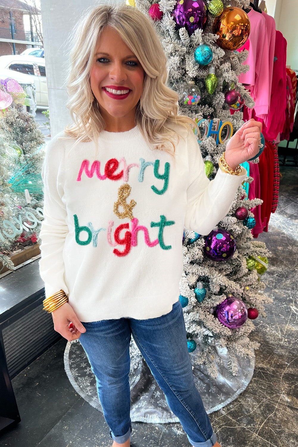 White Glitter Merry & Bright Round Neck Knit Sweater 