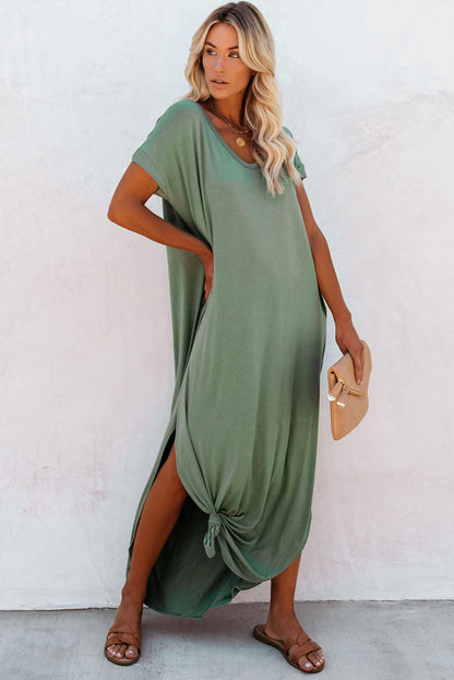 Grass Green Solid Color Hidden Pocket V Neck Slit Maxi Dress 