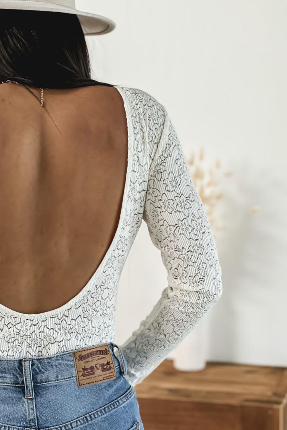 White Basic Cuffed Lace Backless Long Sleeve Bodysuit - Vesteeto