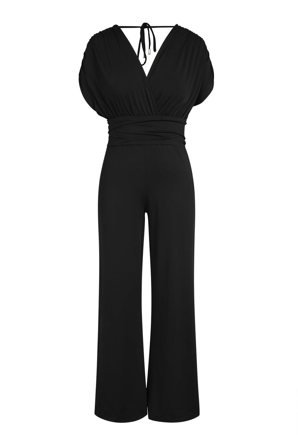 Black V-Neck Dolman Sleeves Wide Leg Jumpsuit - Vesteeto