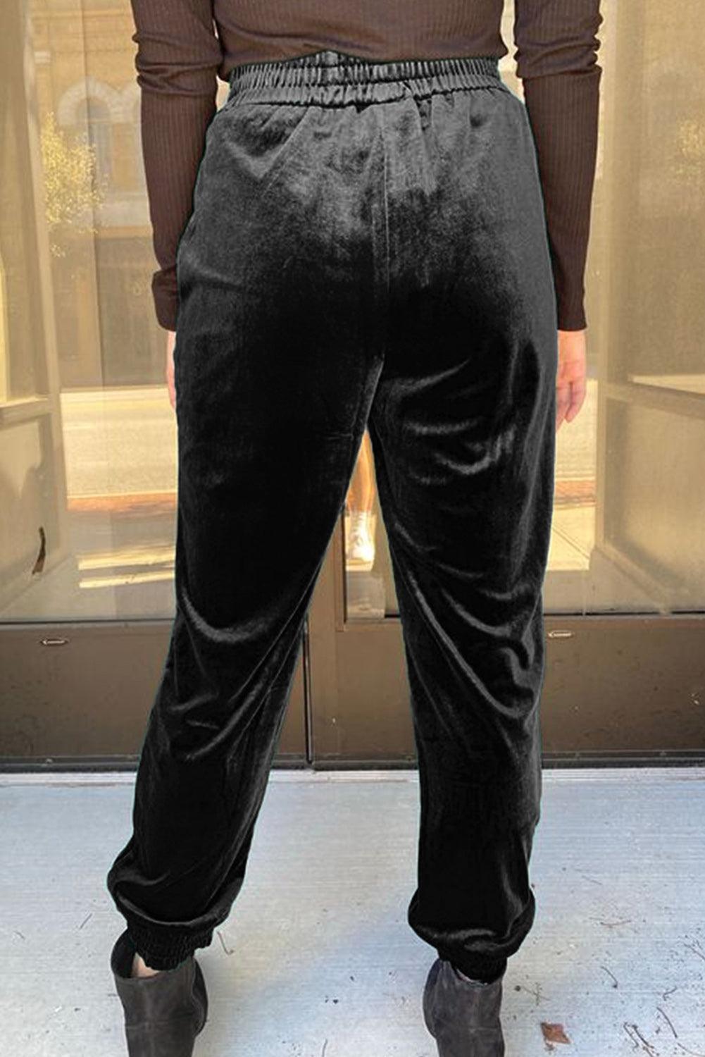 Black Vintage Pocket Velvet Jogger Pants - Vesteeto