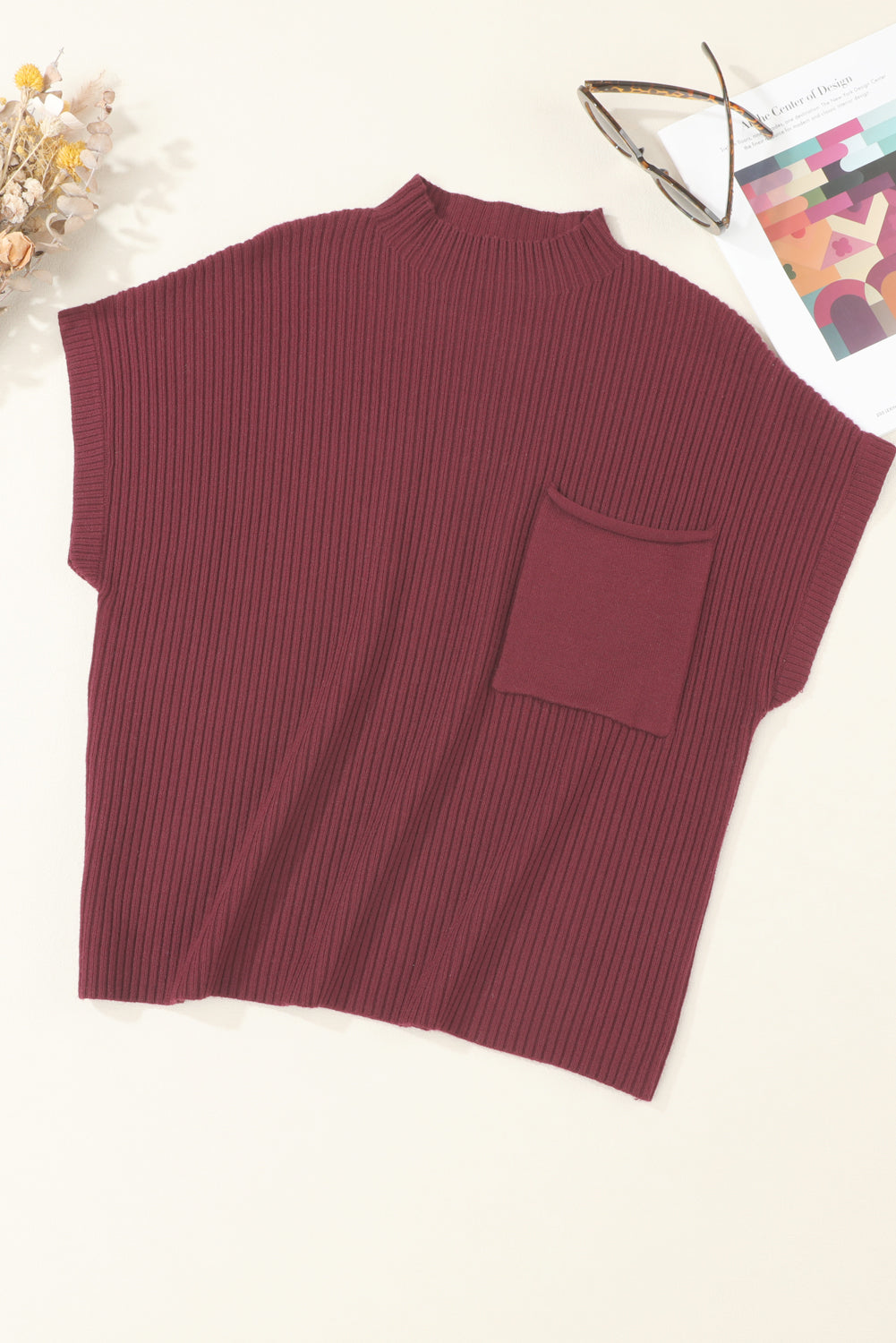 Pink Patch Pocket Ribbed Knit Short Sleeve Sweater 