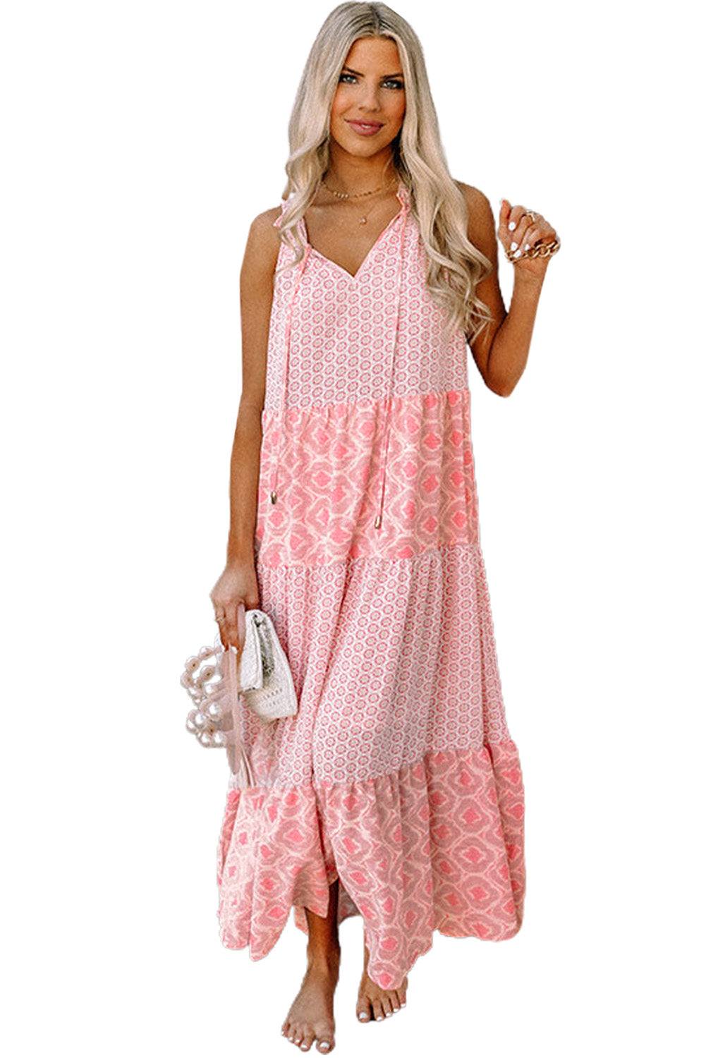 Pink Abstract Sleeveless V Neck Summer Tiered Dress 