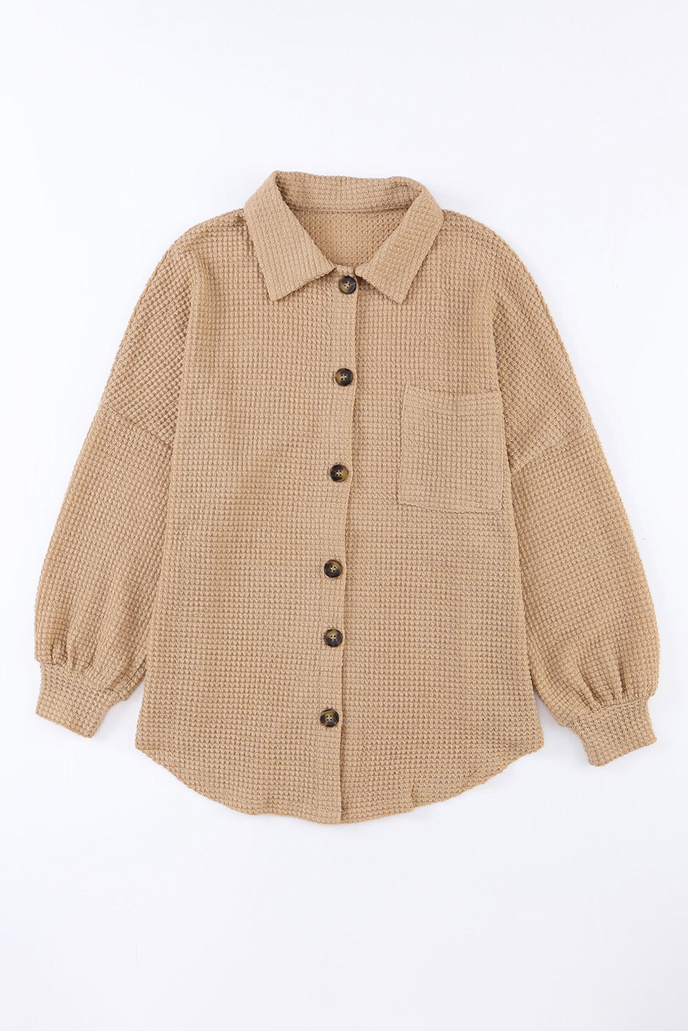 Green Waffle Knit Pocket Button Front Shacket 