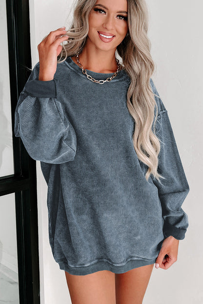 Pink Solid Ribbed Round Neck Pullover Sweatshirt 