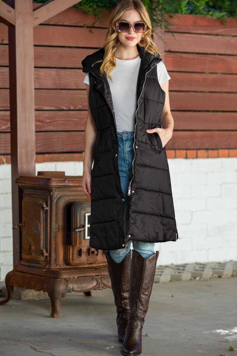 Dark Grey Hooded Pocketed Quilted Long Vest Coat 