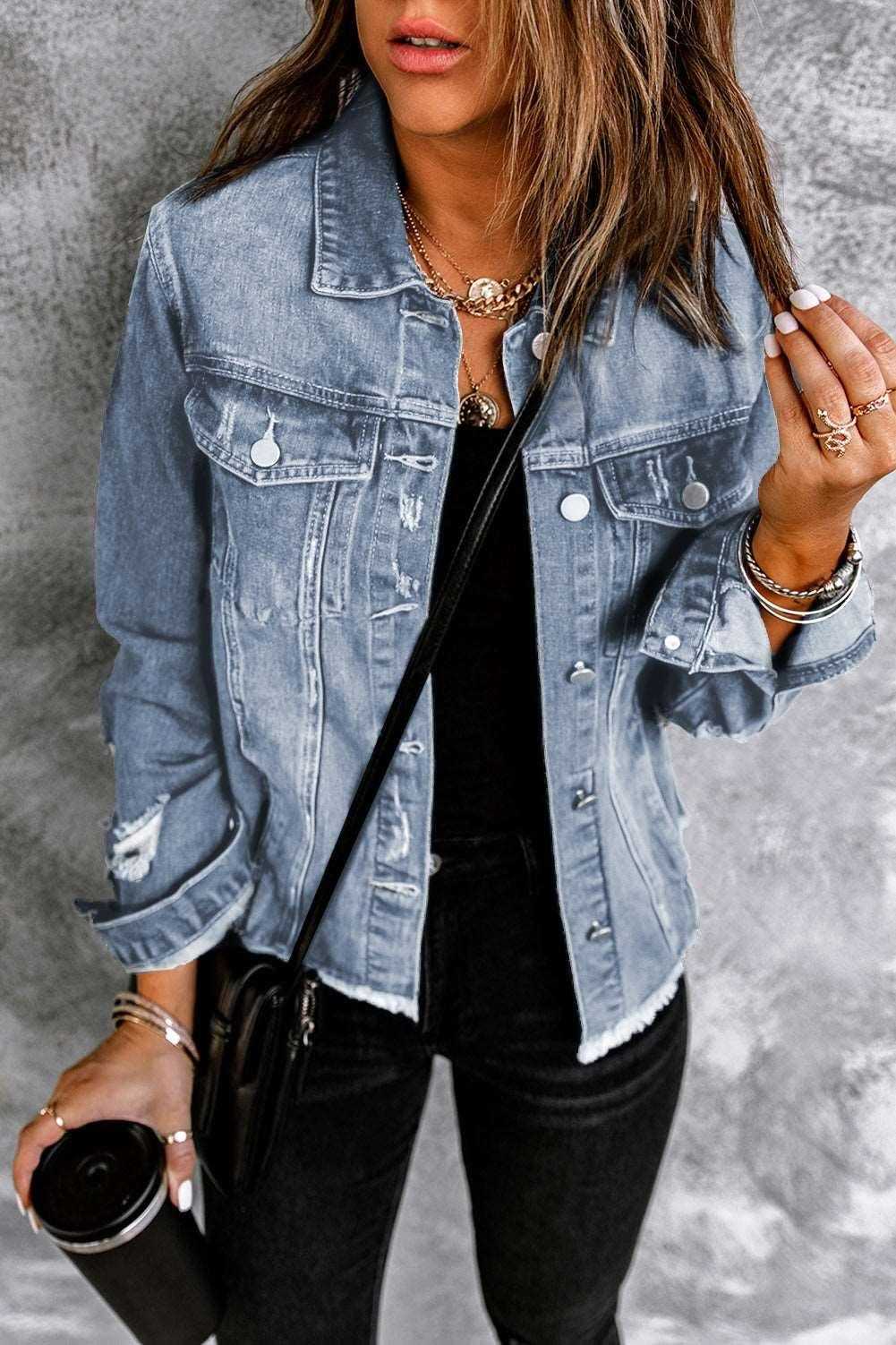 Black Casual Distressed Raw Hem Buttons Denim Jacket - Vesteeto