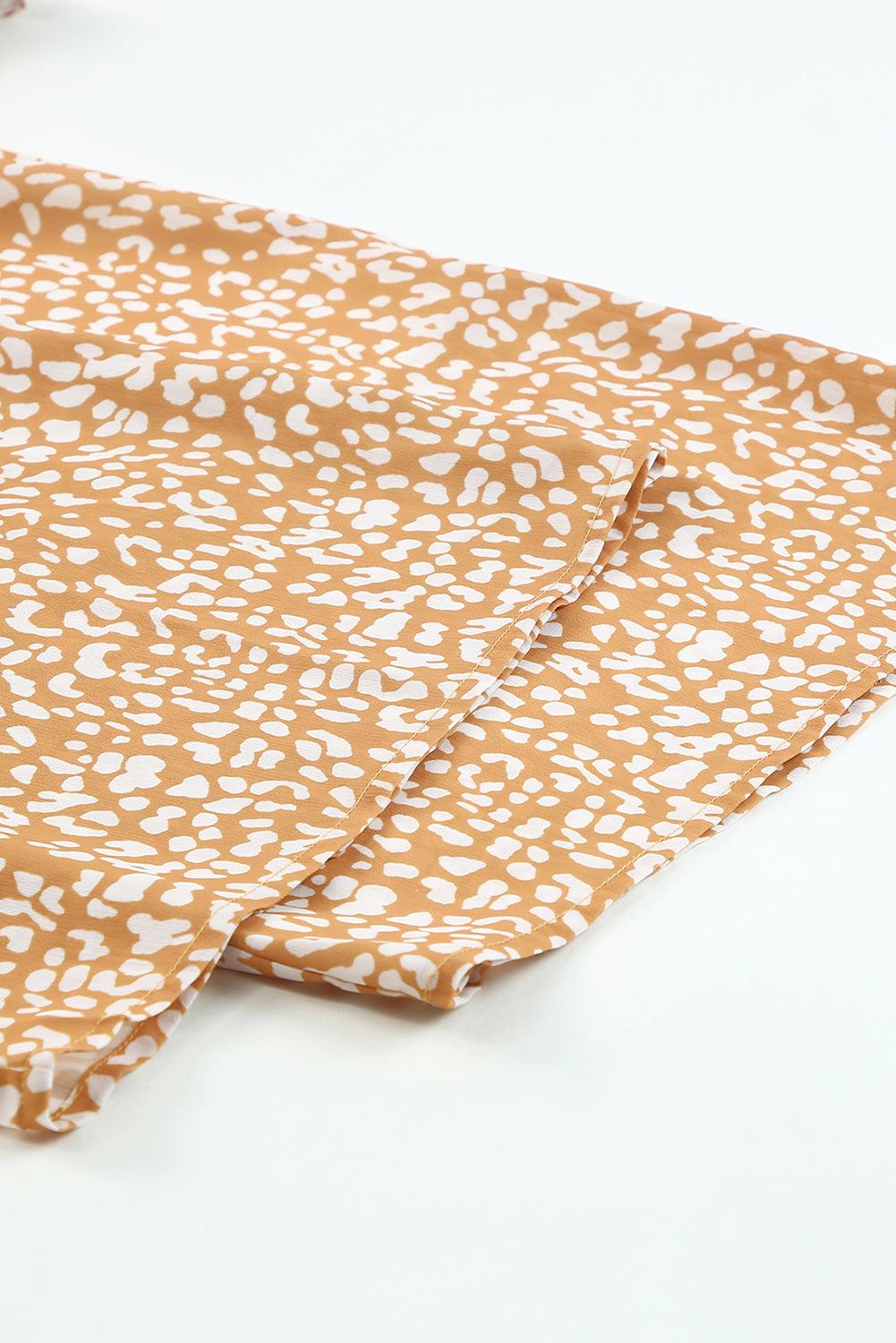 Yellow Leopard Print Drawstring Ruffled Wrap V Neck Jumpsuit - Vesteeto