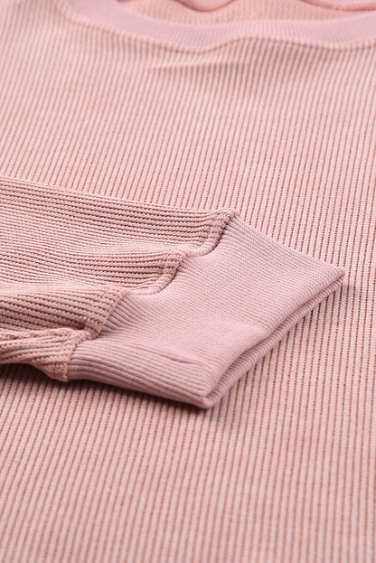 Pink Solid Ribbed Round Neck Pullover Sweatshirt 