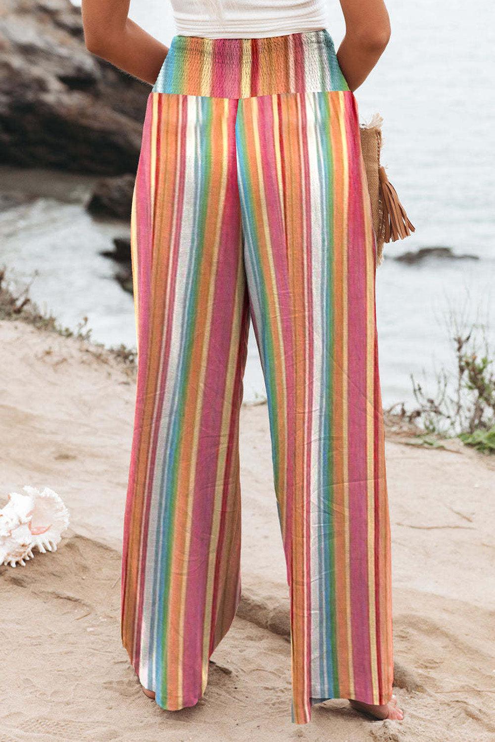 Multicolor Striped Smocked High Waisted Wide Leg Beach Pants - Vesteeto