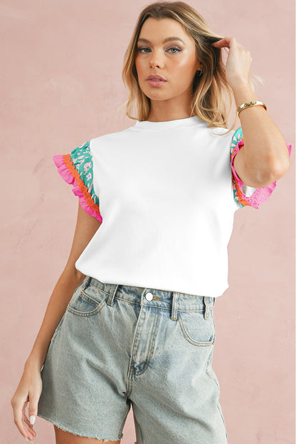 White Color Block Floral Print Ruffle Sleeve Blouse 