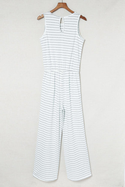 White Striped Keyhole Back Pockets Sleeveless Jumpsuit - Vesteeto