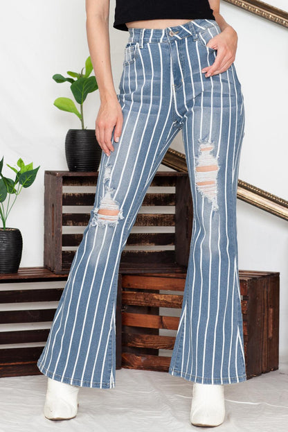 Sky Blue Vertical Striped Ripped Flare Jeans - Vesteeto