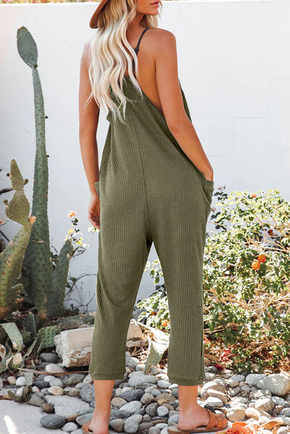 Blue Casual Textured Sleeveless V-Neck Pocketed Jumpsuit