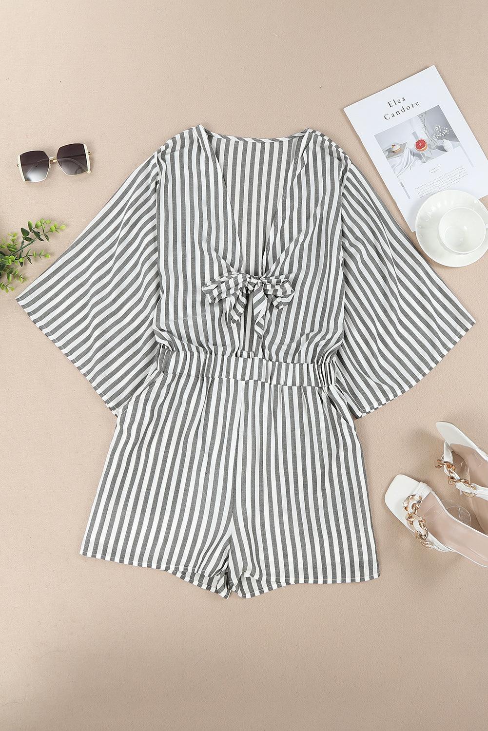 Grey Striped Print Tie Knot Front Romper With Pockets - Vesteeto