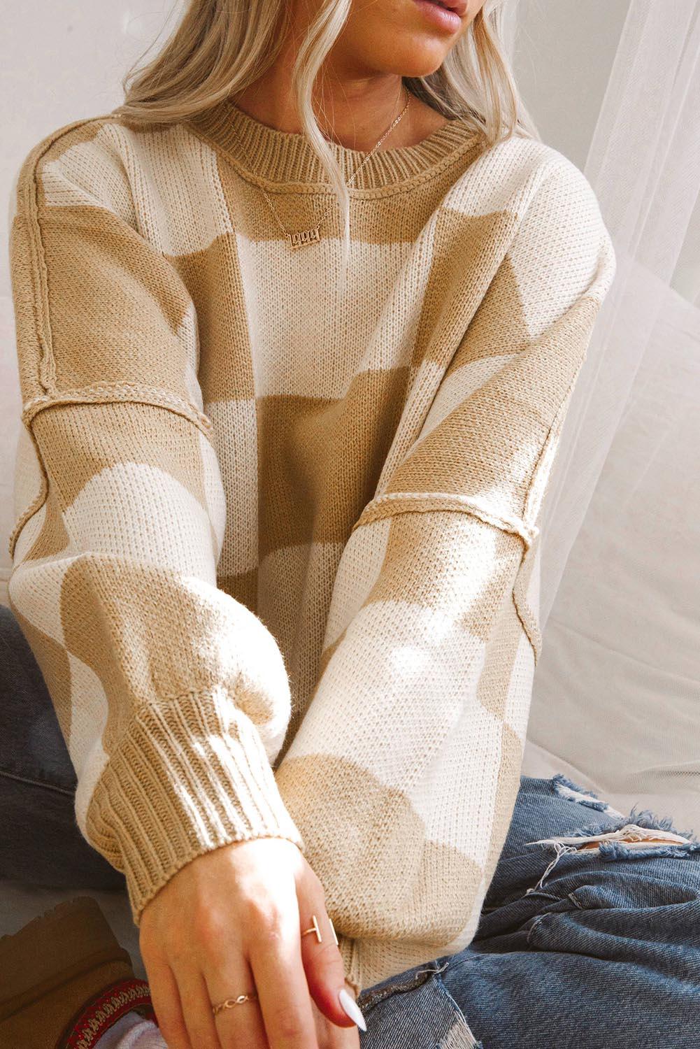 Khaki Plaid Bishop Sleeve Pullover Sweater - Vesteeto