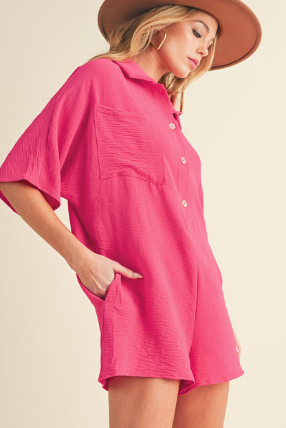 Bright Pink Plain Half Button Collared Pocket Loose Romper 