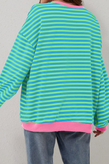 Blue Stripe Contrast Edge Cross Seam Oversized Pullover 