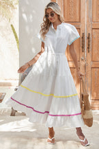 White High Waist Short Sleeve Tiered Shirt Dress