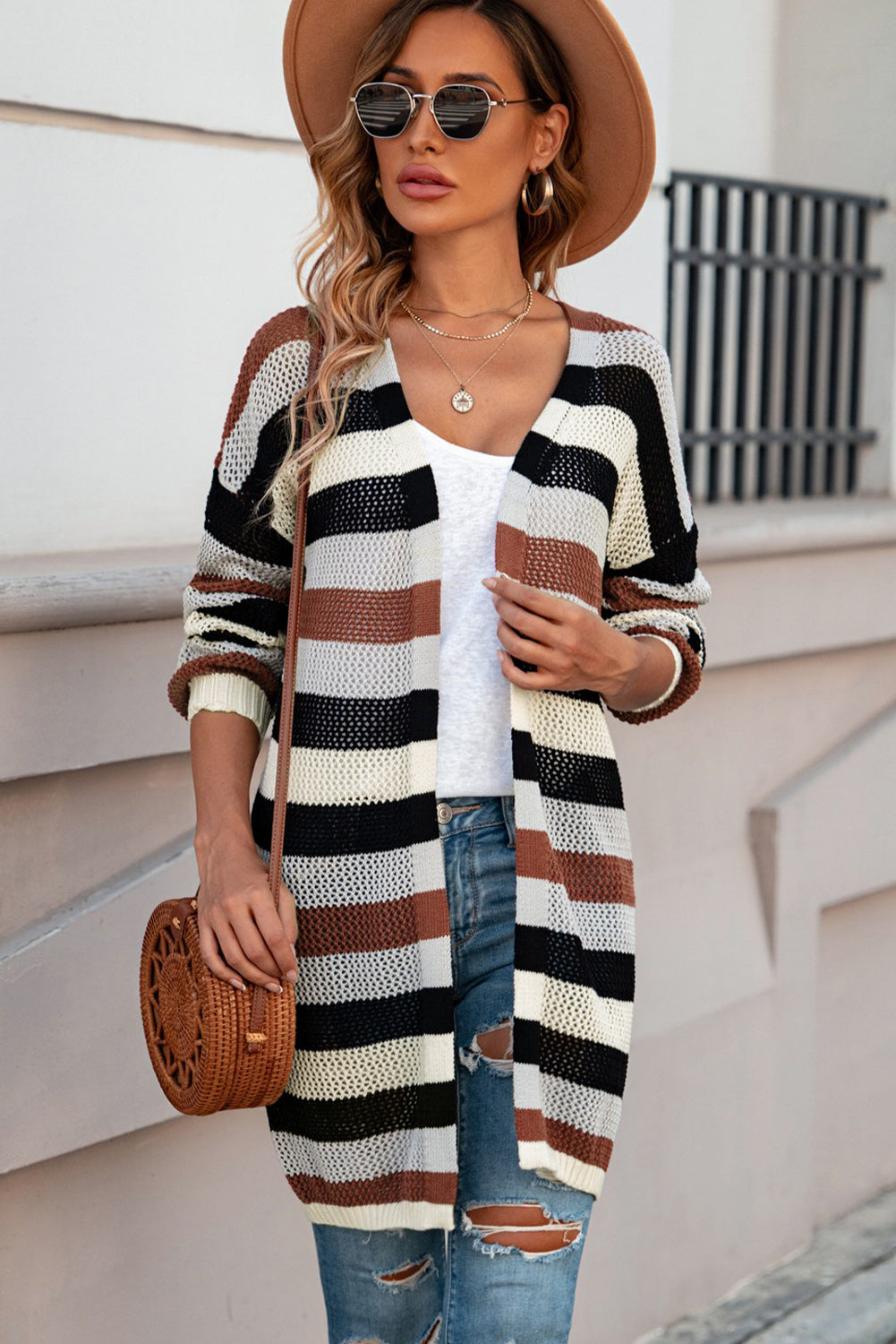 Green Striped Color Block Casual Cutout Knit Cardigan 