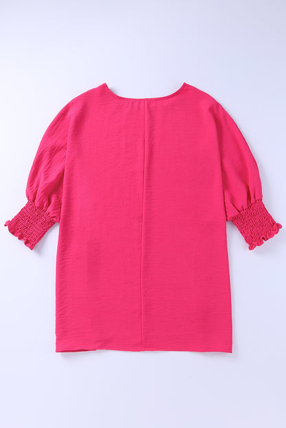 Pink Casual Shirred Cuffs Half Sleeve Blouse 