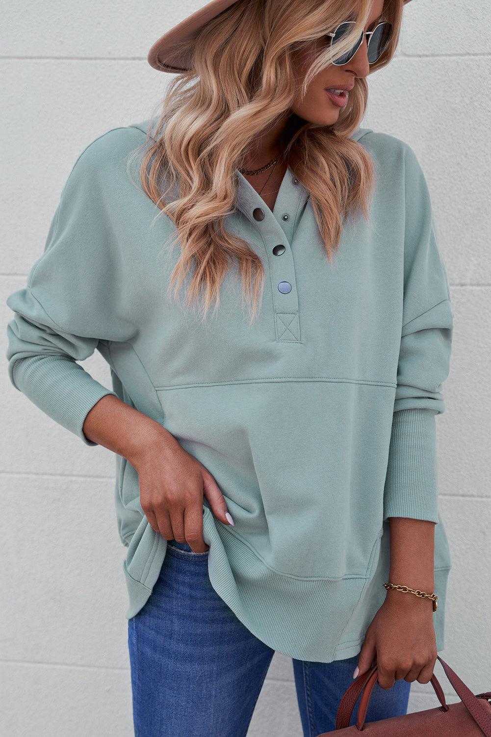 Light Blue Casual Batwing Sleeve Pocket Henley Hoodie 