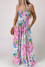 Pink Abstract Floral Painting Smocked Wide Leg Jumpsuit - Vesteeto