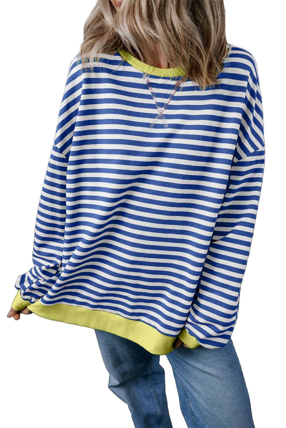 Blue Stripe Contrast Edge Cross Seam Oversized Pullover 