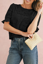 Black Flower Eyelet Jacquard Keyhole Back Puff Sleeve Top 