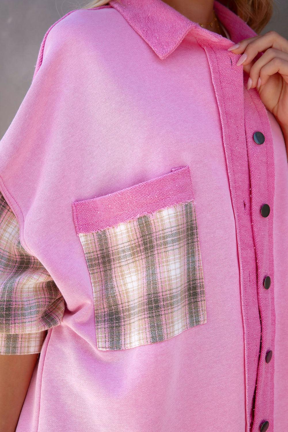 Rose Plaid Patchwork Chest Pockets Oversized Shirt Shacket - Vesteeto