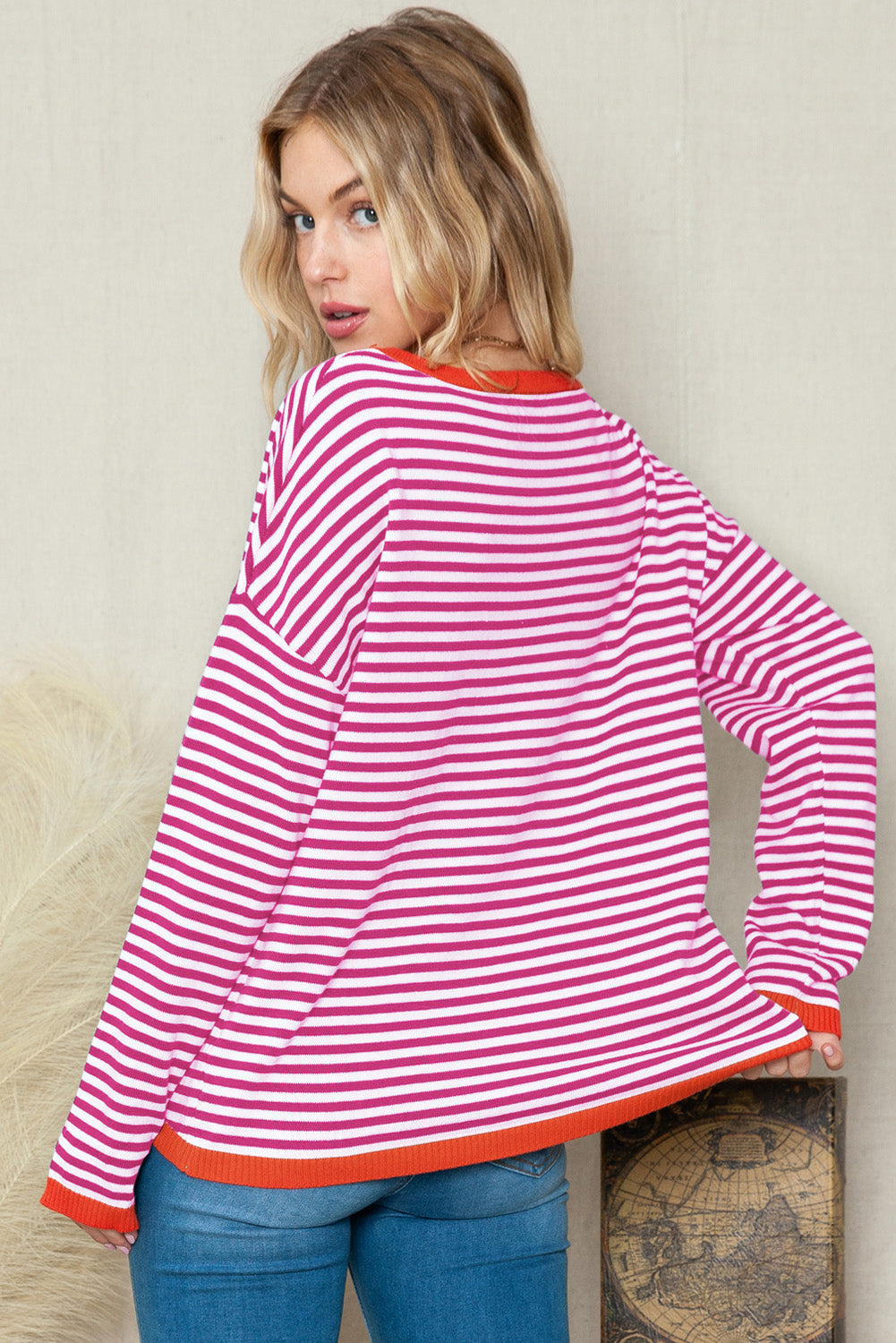 Striped Colorblock Trim Knit Pullover Sweater 