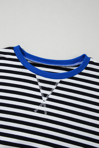 Blue Stripe Contrast Edge Cross Seam Oversized Pullover 