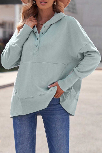 Light Blue Casual Batwing Sleeve Pocket Henley Hoodie 