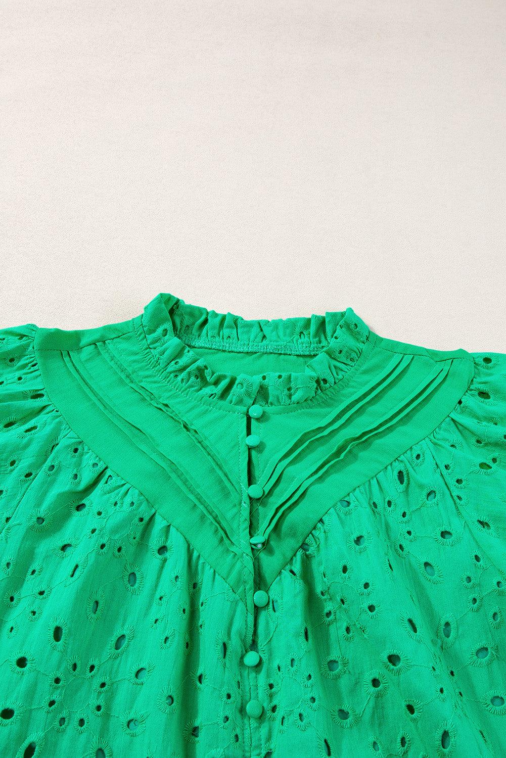 Green Flower Hollow-out Short Puff Sleeve Blouse 