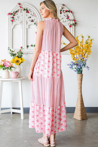 Pink Abstract Sleeveless V Neck Summer Tiered Dress 