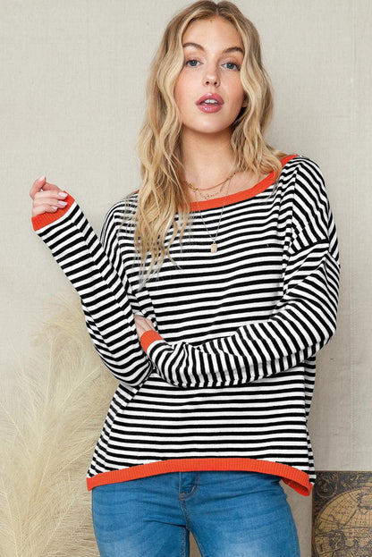 Striped Colorblock Trim Knit Pullover Sweater 