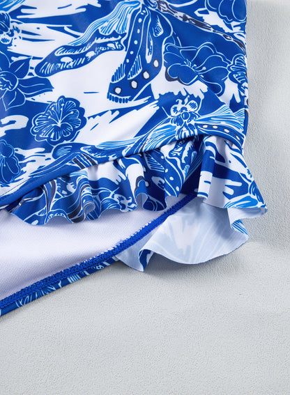 Blue 3pcs Flower Print Ruffled Bikini Set with Cover Up Skirt