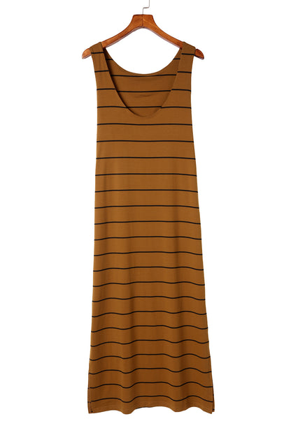 Khaki Striped Backless Casual Side Slits Maxi Dress