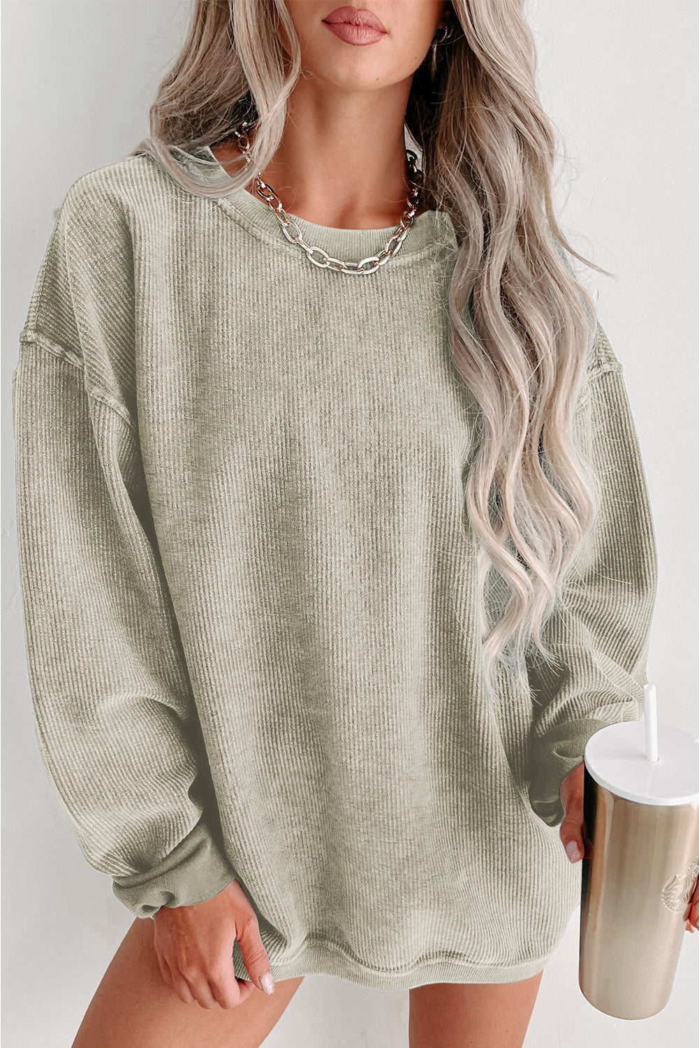 Pink Solid Ribbed Round Neck Pullover Sweatshirt 