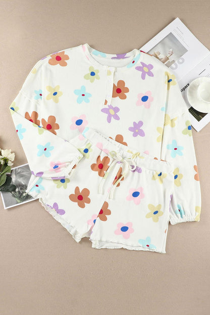 White Floral Print Henley Top & Drawstring Shorts Loungewear Set - Vesteeto