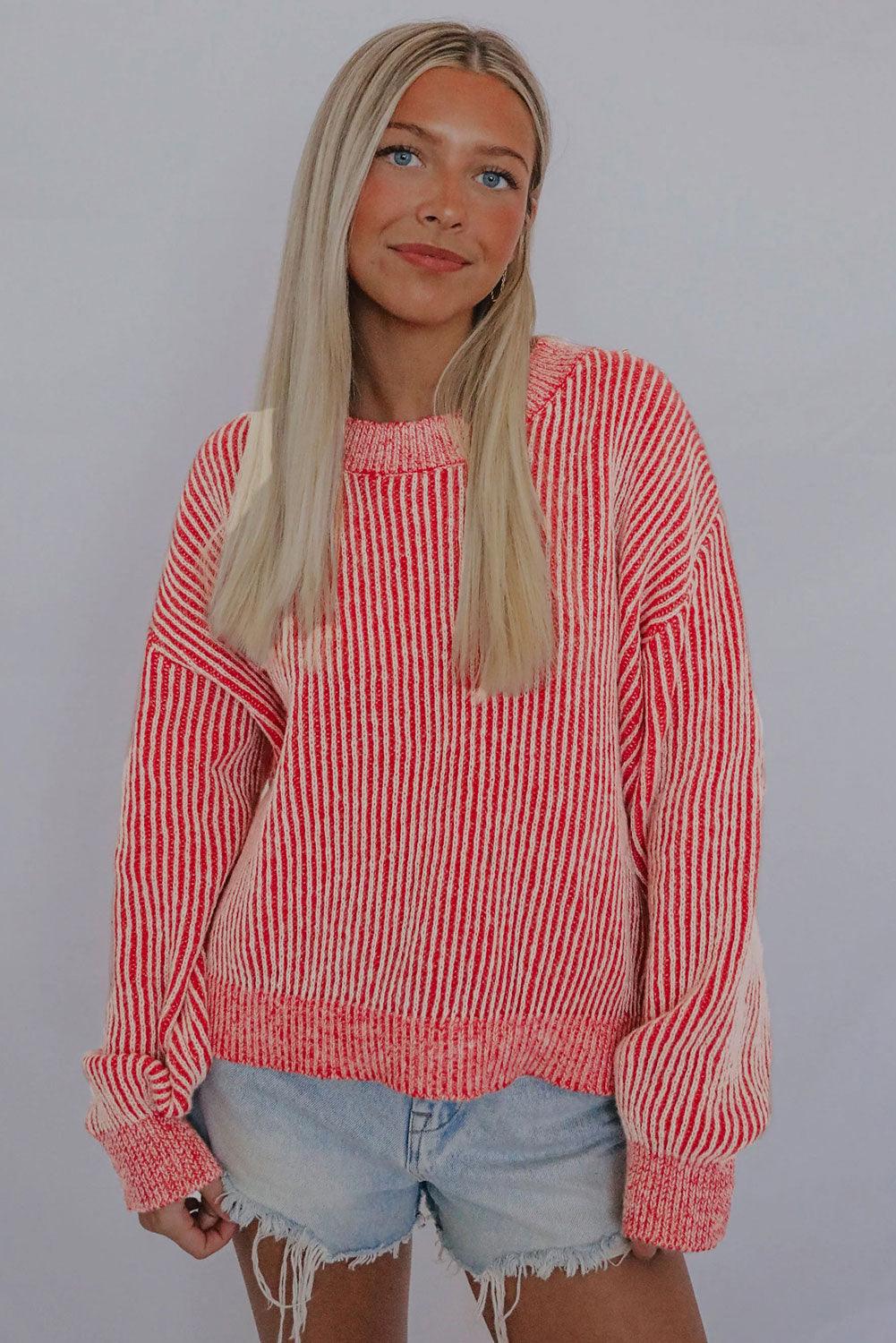 Red Casual Stripe Print Round Neck Sweater - Vesteeto