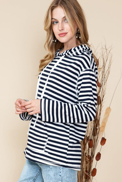 Stripe Print Kangaroo Pocket Drawstring Hoodie - Vesteeto