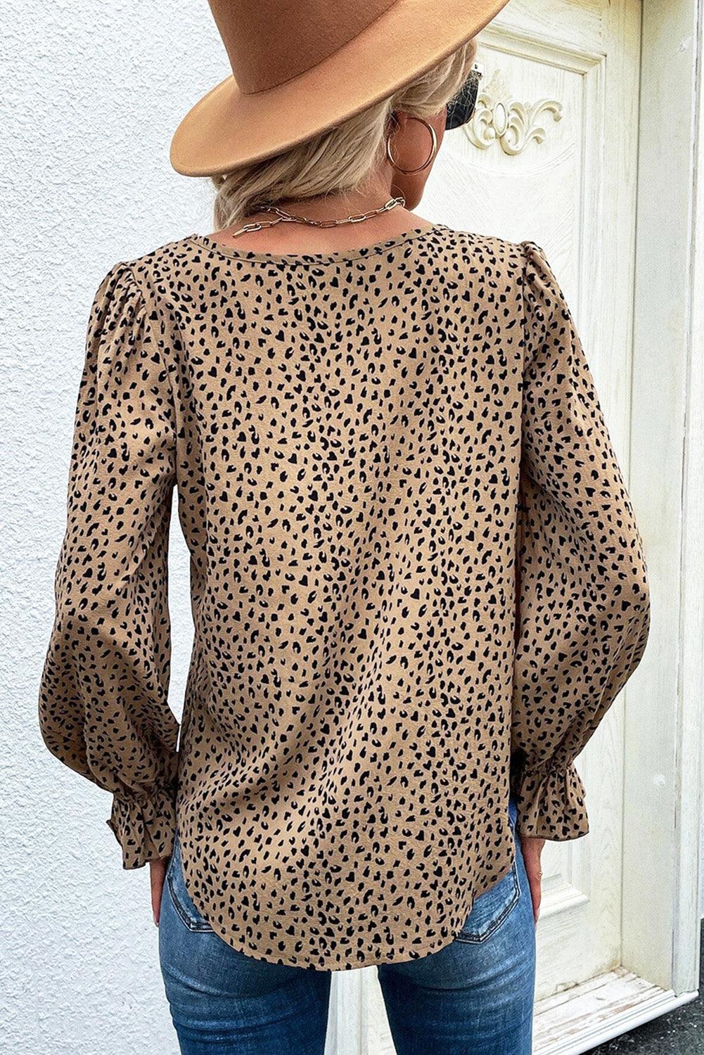 Leopard Print Ruffle Long Sleeve Blouse - Vesteeto