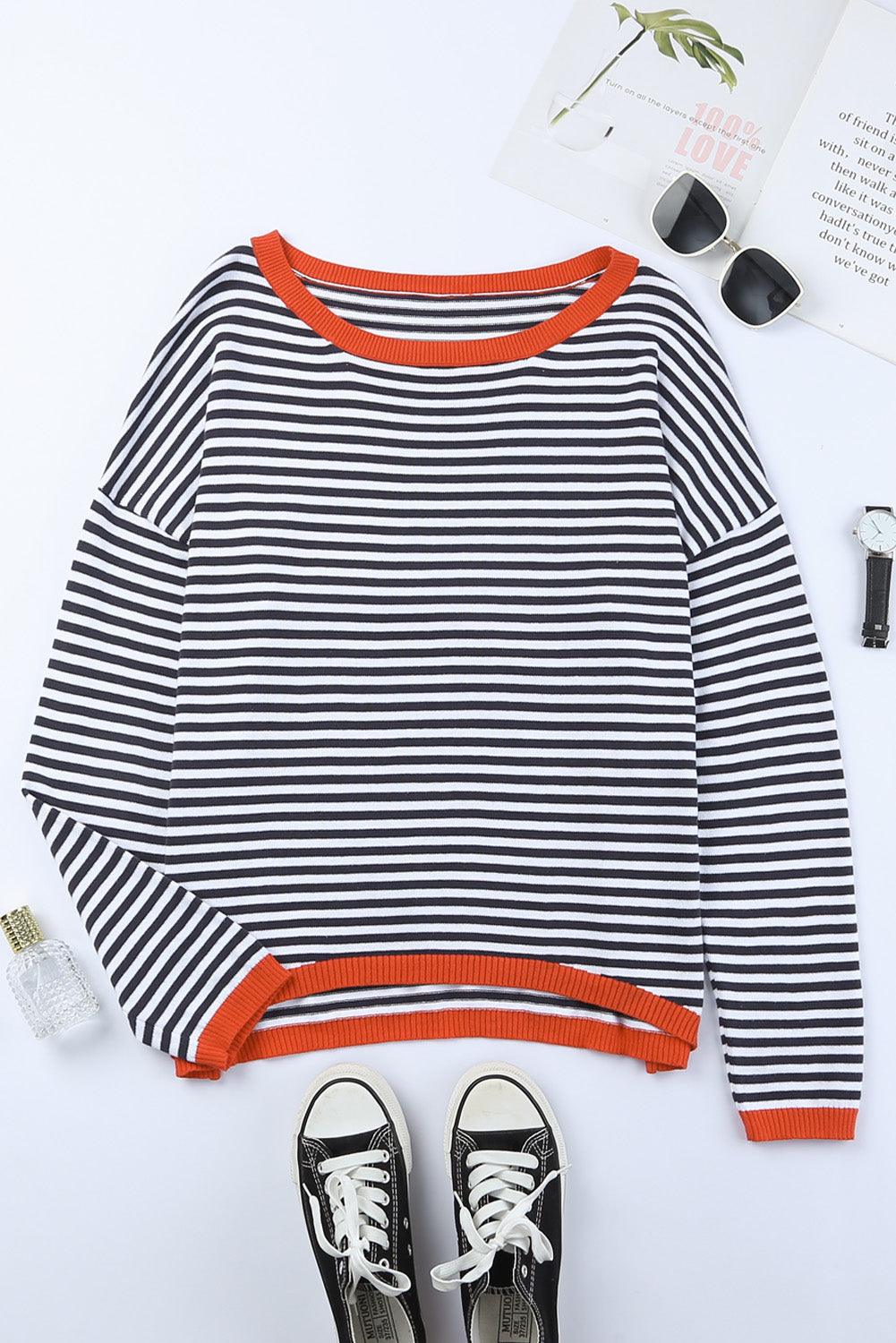 Striped Colorblock Trim Knit Pullover Sweater 