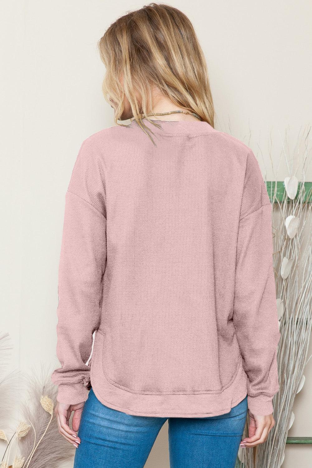 Pink Waffle Knit Crew Neck Casual Long Sleeve Top - Vesteeto