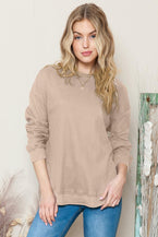 Pink Waffle Knit Crew Neck Casual Long Sleeve Top 