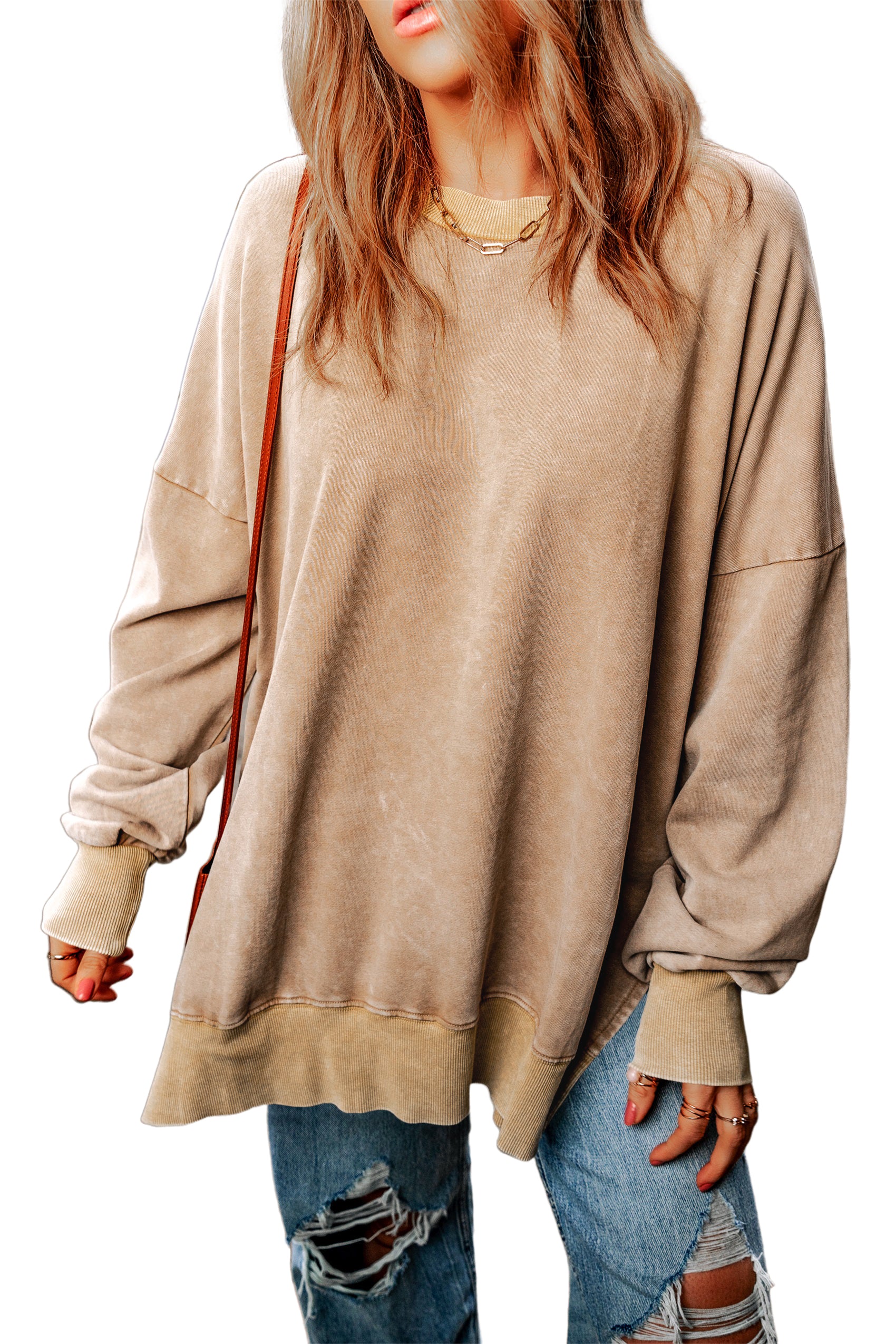 Pink Plain Drop Shoulder Ribbed Trim Oversized Sweatshirt 