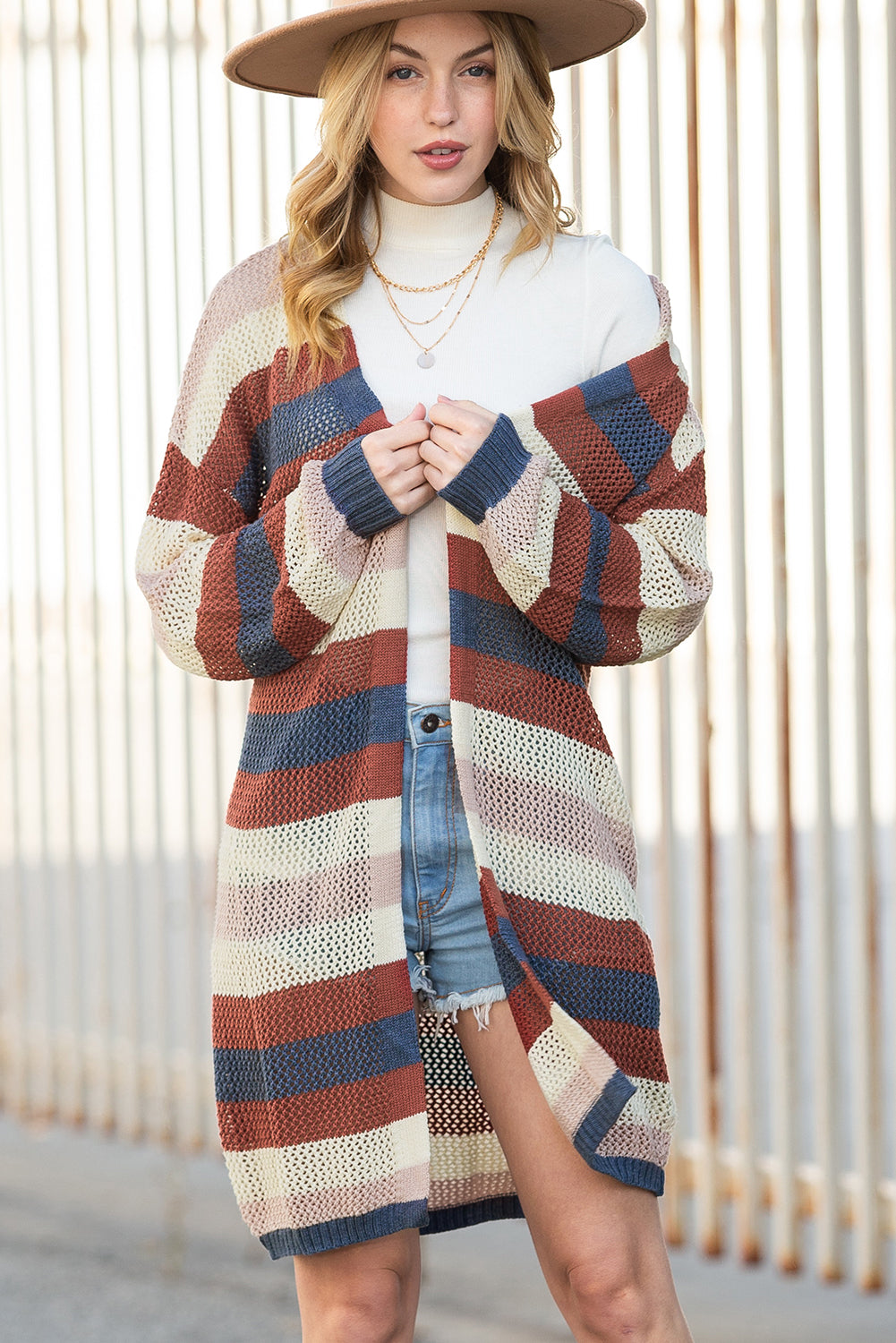 Green Striped Color Block Casual Cutout Knit Cardigan 