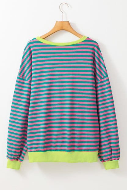 Blue Stripe Contrast Edge Cross Seam Oversized Pullover 